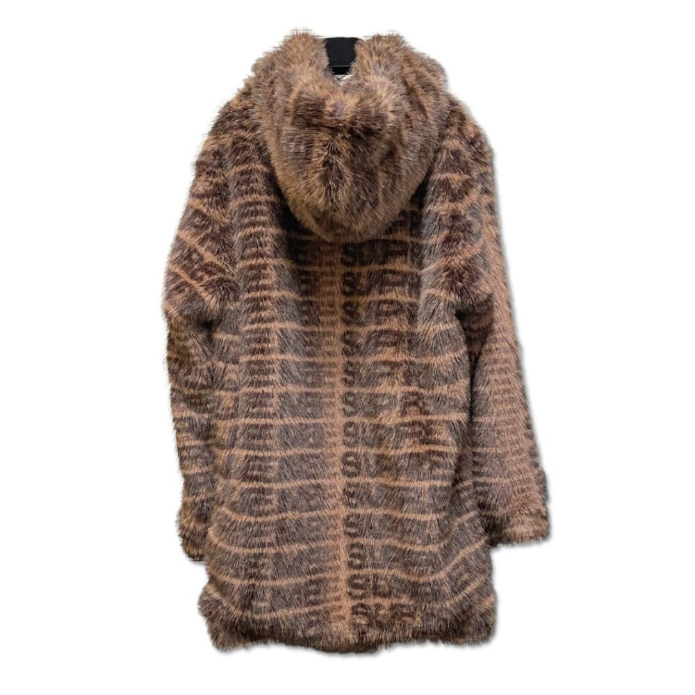 Supreme Faux Fur Jacket with Hood Repeating Logo Brown / Black Unisex Mens SZ M